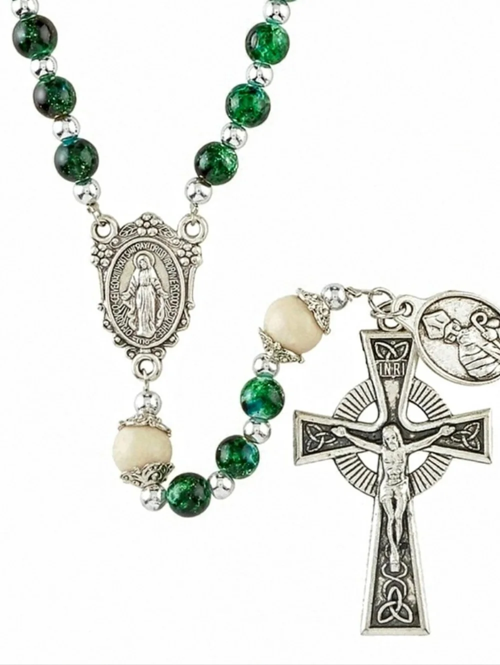 Irish Celtic Green Marbled Rosary with Laminated St. Patrick Prayer Card & Pouch - Picture 2 of 4